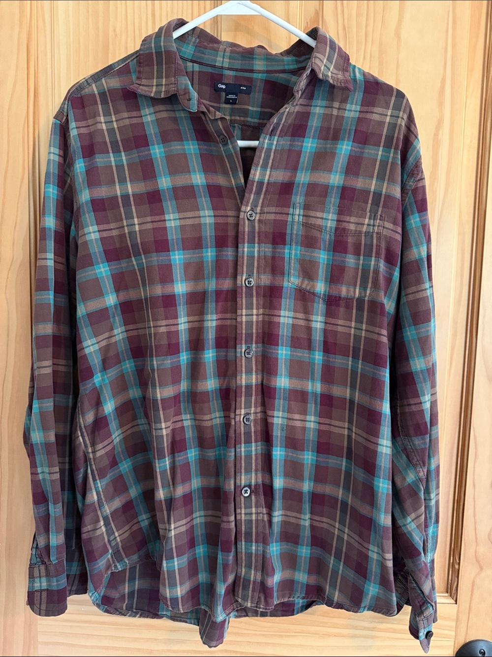 GAP Men's Plaid Button-Down Shirt - Maroon, Teal & Brown